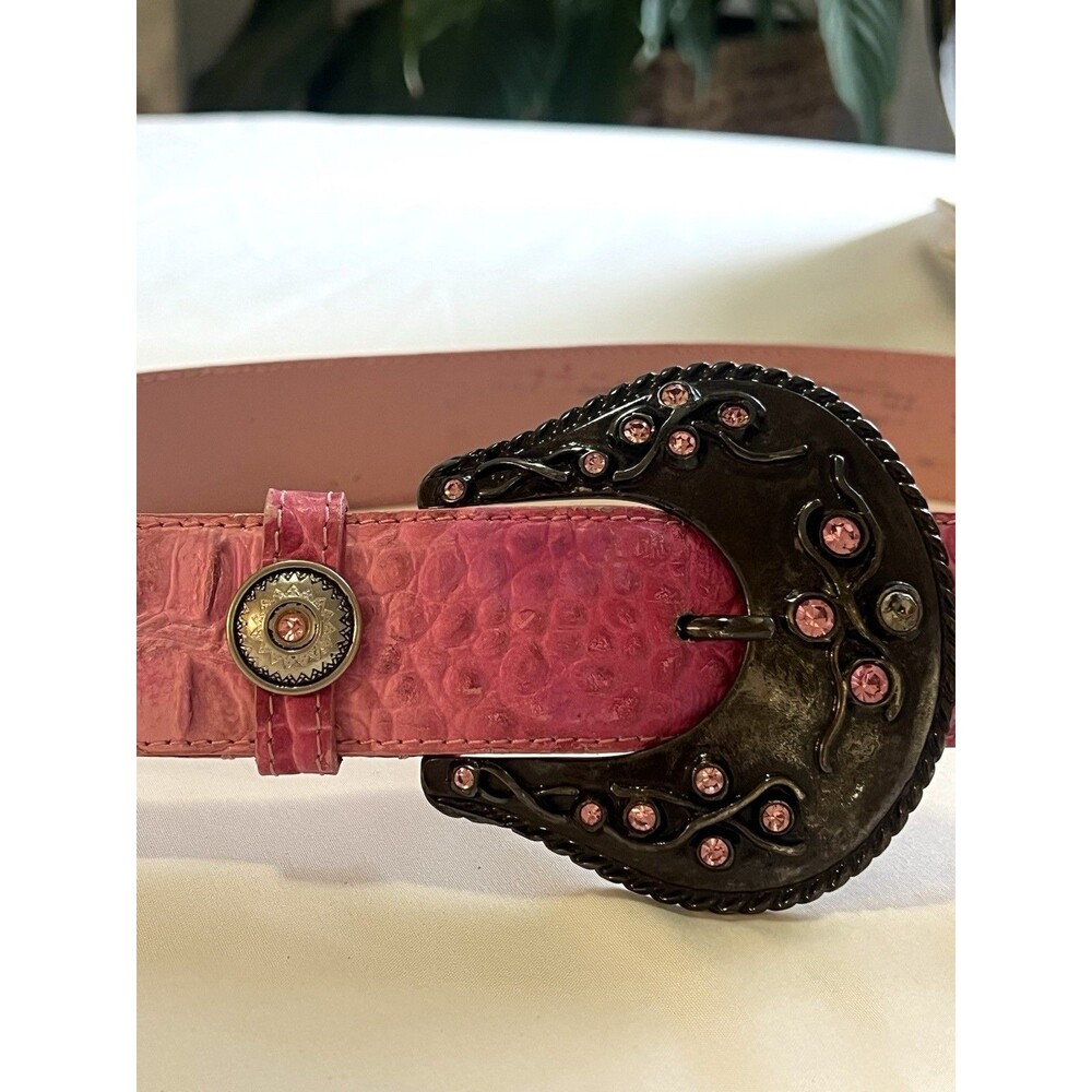 VTG Nanni Crock Embossed Pink Leather Belt Sz 32 Bling Buckle Coquette Western - Picture 2 of 8